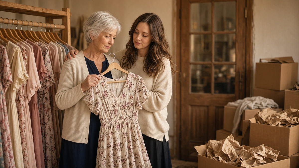 Eleanor and June saying goodbye to a dress before the move