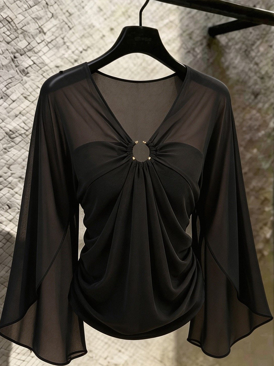 Maeve | Sheer Sleeve Ring V-Neck Top