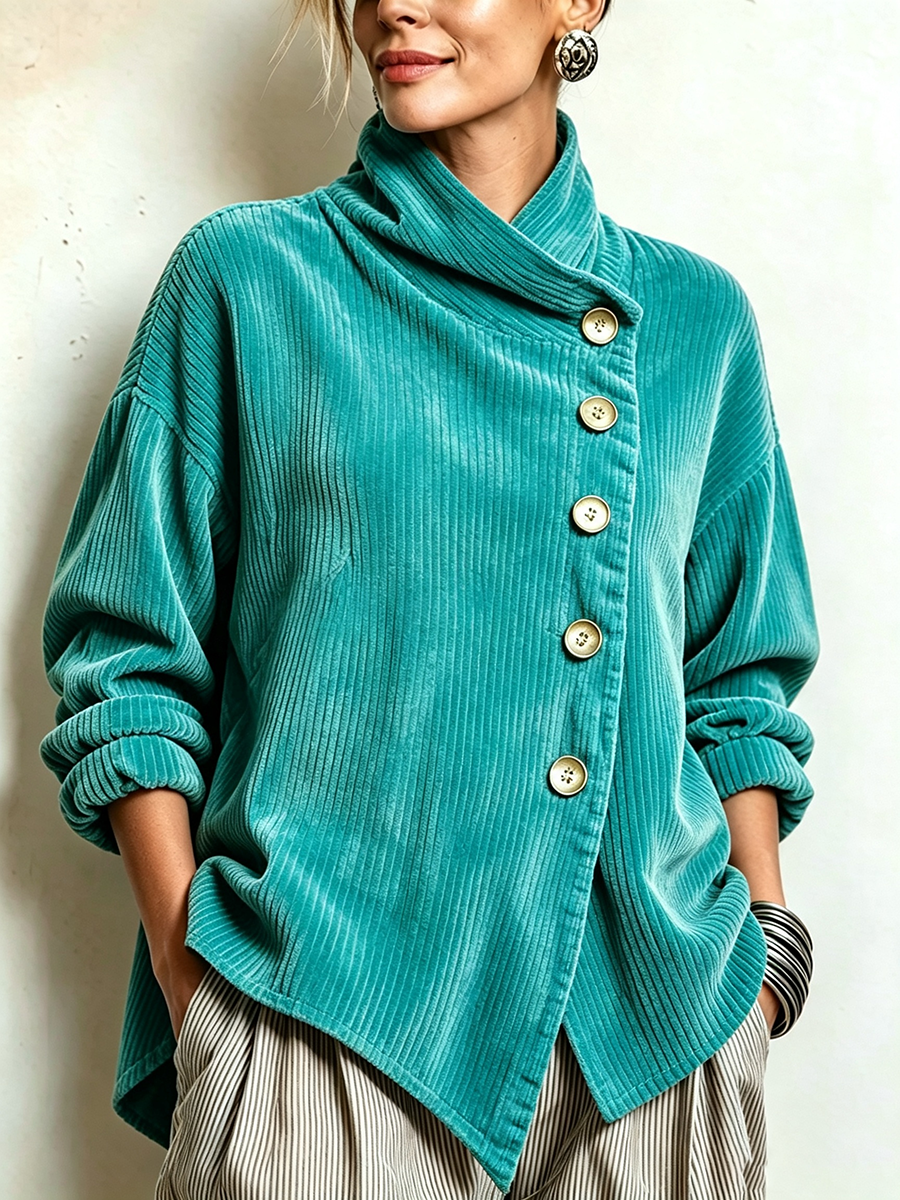 Fiona | Asymmetric Corduroy Funnel Neck Top