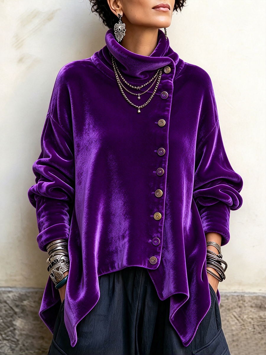 Sloane | Velvet Asymmetric Button Turtleneck Top