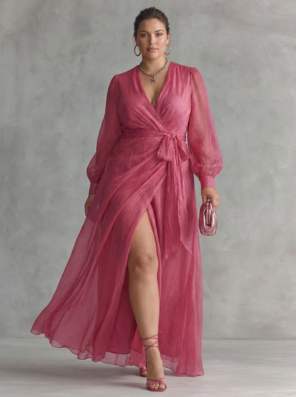 Elegant long pink chiffon dress with pearls and V-neck for women
