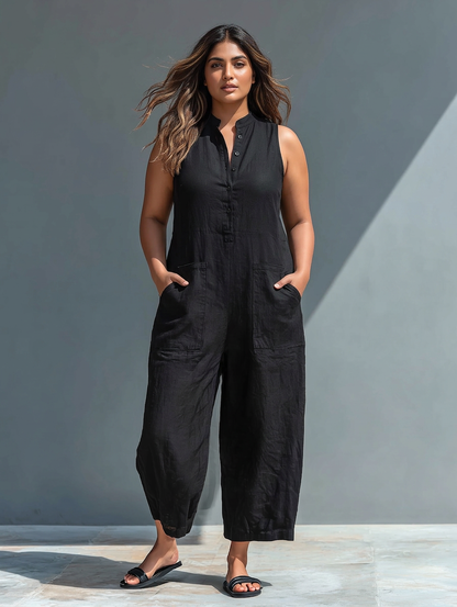 Sleeveless Minimalist Jumpsuit for Women with High Collar and Buttons