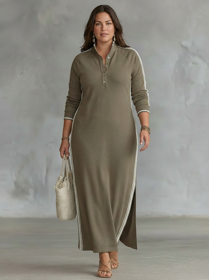 Maxi Sweatshirt Dress for Women with Button-Down Collar and White Trim