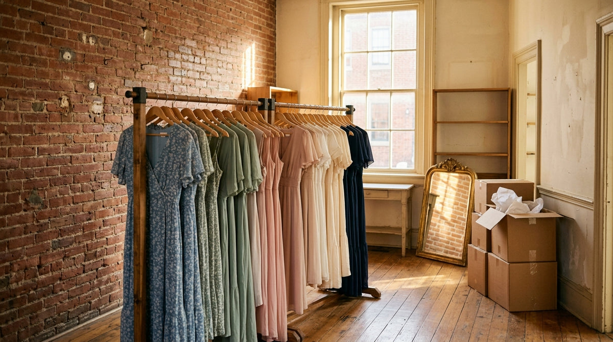 Flowing midi and maxi dresses in blue, sage, blush and navy on a wooden rack in the boutique