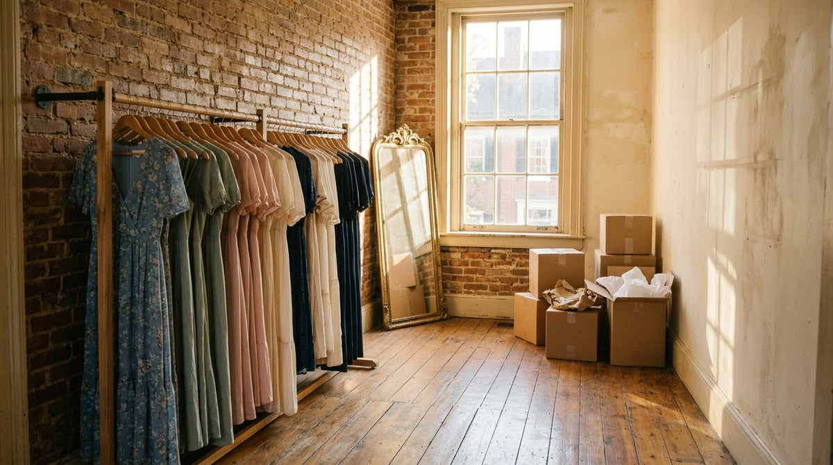 A rack of soft-colored flowing dresses against exposed brick, moving boxes stacked by the window