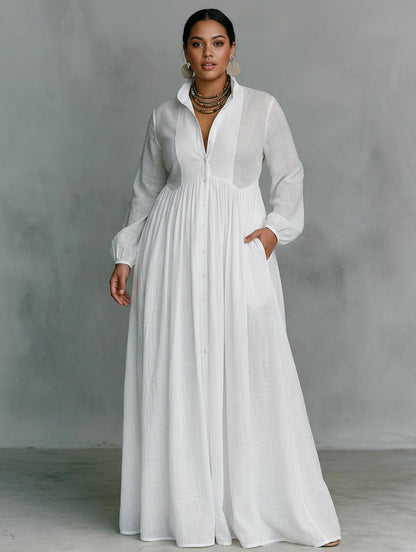 Celine | White Flowing Button-Front Maxi Dress