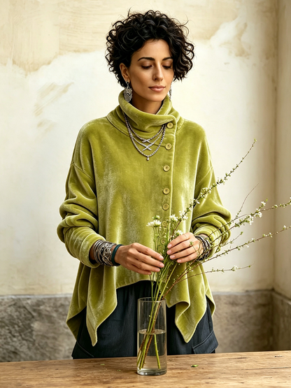 Sloane | Velvet Asymmetric Button Turtleneck Top