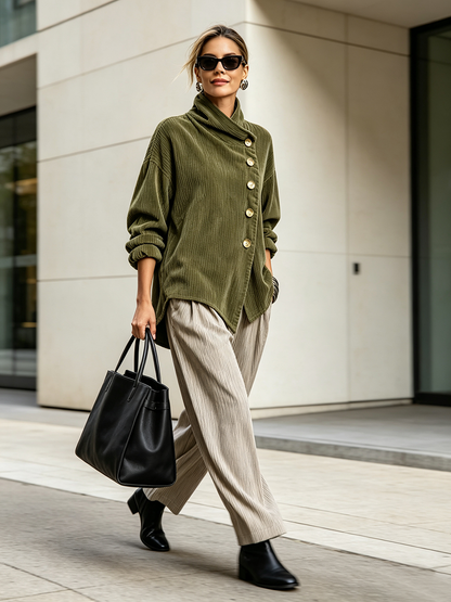 Fiona | Asymmetric Corduroy Funnel Neck Top