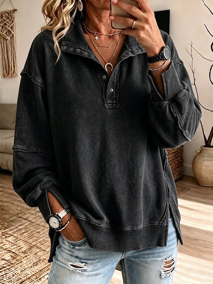Tessa | Oversized Raw-Edge Henley Sweatshirt