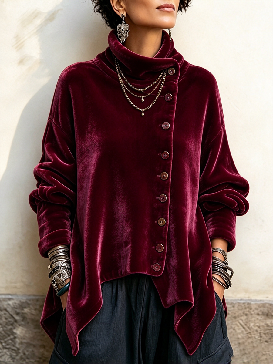 Sloane | Velvet Asymmetric Button Turtleneck Top