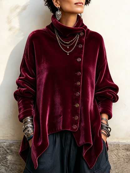 Sloane | Velvet Asymmetric Button Turtleneck Top
