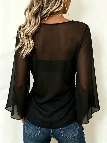 Maeve | Sheer Sleeve Ring V-Neck Top