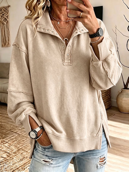 Tessa | Oversized Raw-Edge Henley Sweatshirt