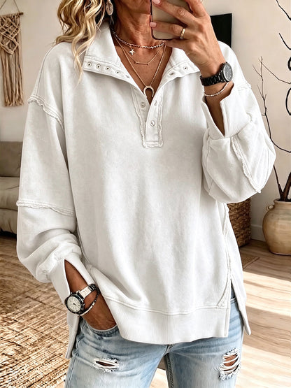 Tessa | Oversized Raw-Edge Henley Sweatshirt