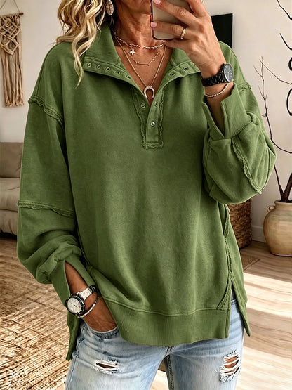 Tessa | Oversized Raw-Edge Henley Sweatshirt