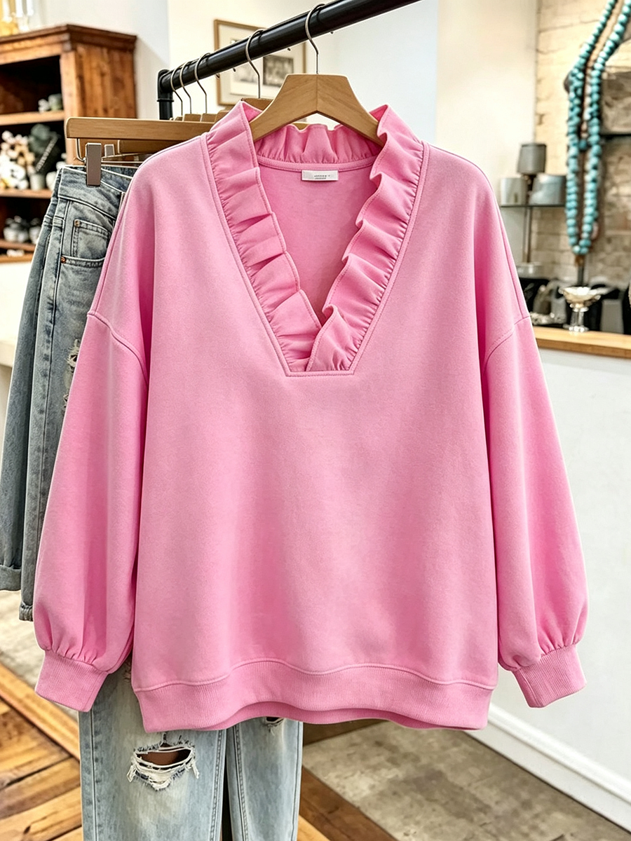 Iris | Oversized Ruffled V-Neck Sweatshirt