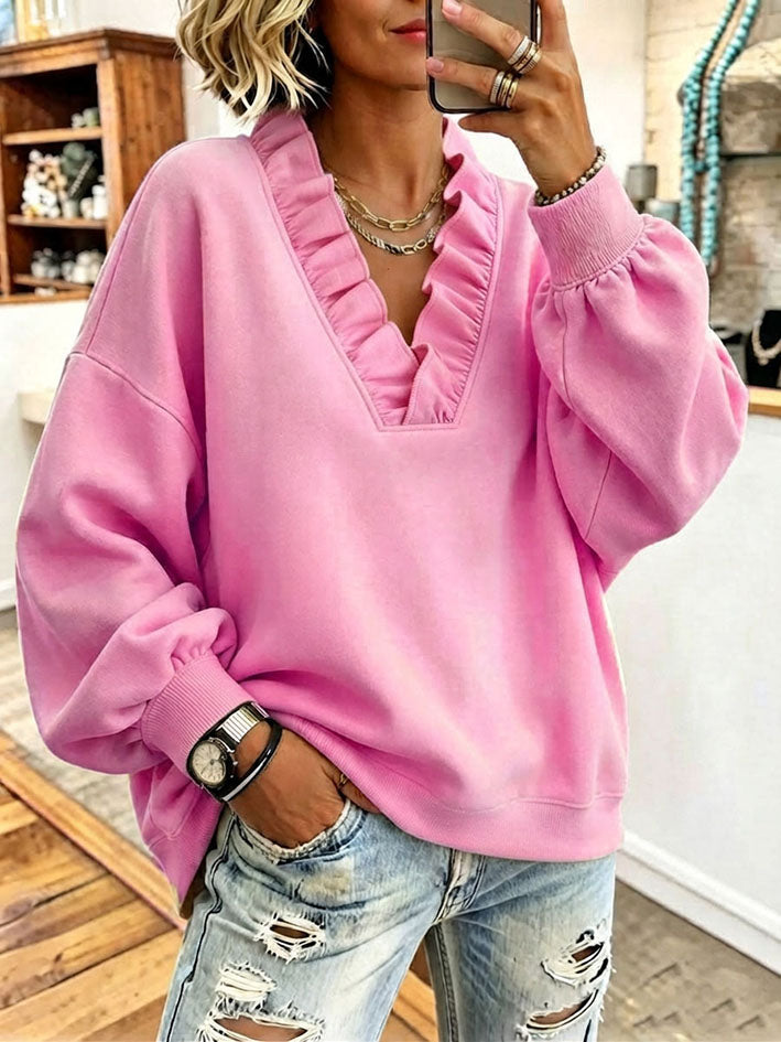 Iris | Oversized Ruffled V-Neck Sweatshirt