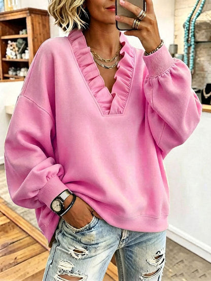 Iris | Oversized Ruffled V-Neck Sweatshirt