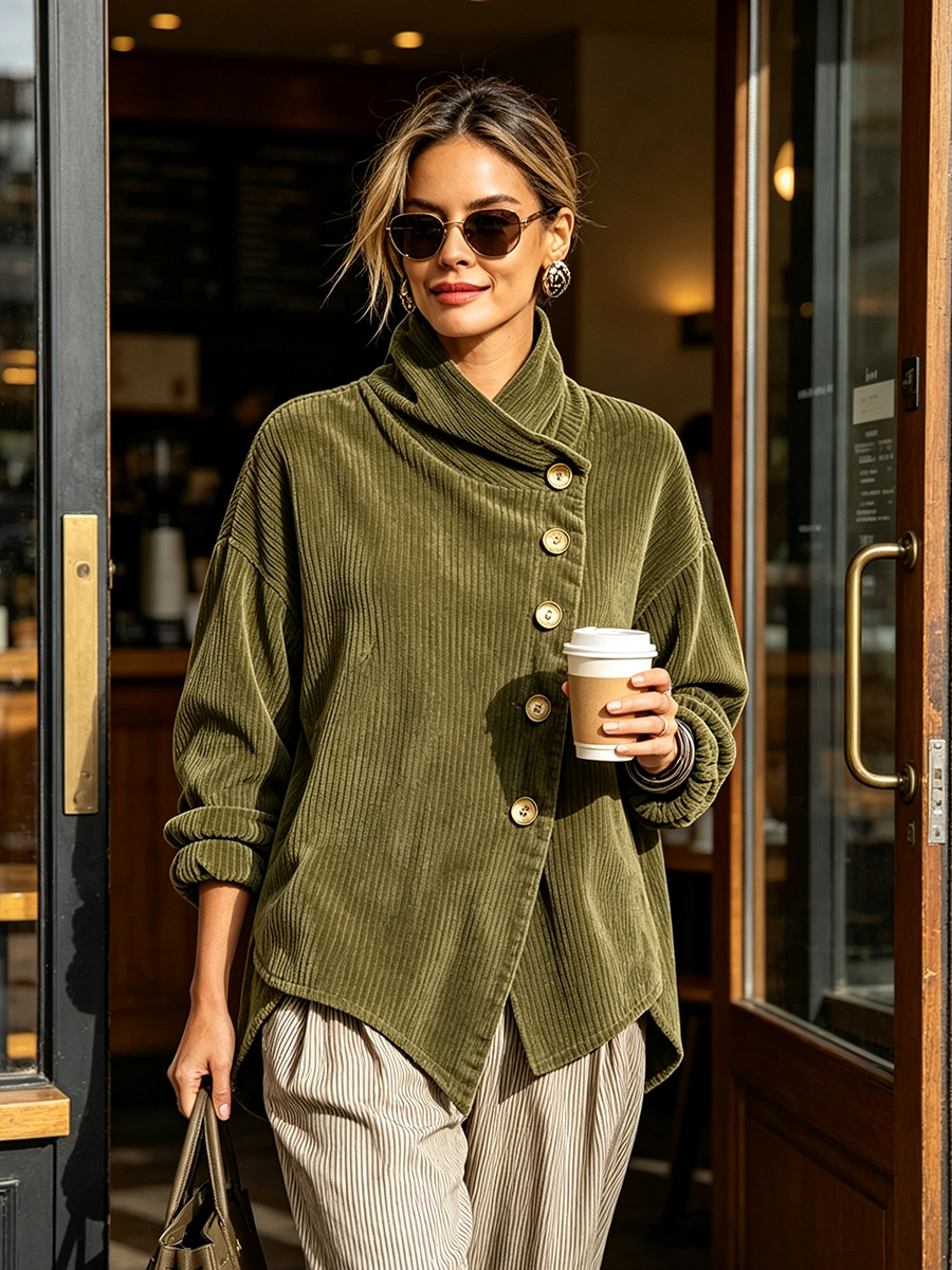 Fiona | Asymmetric Corduroy Funnel Neck Top
