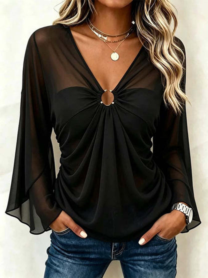 Maeve | Sheer Sleeve Ring V-Neck Top
