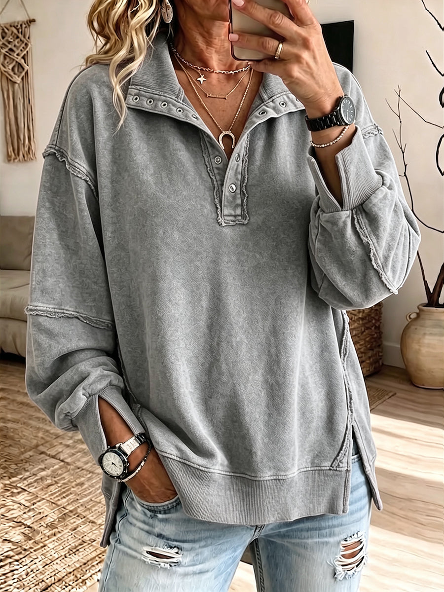 Tessa | Oversized Raw-Edge Henley Sweatshirt