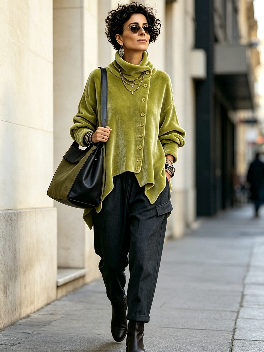 Sloane | Velvet Asymmetric Button Turtleneck Top