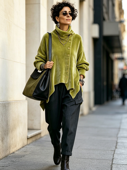 Sloane | Velvet Asymmetric Button Turtleneck Top