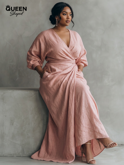 Pink Minimalist Maxi Dress with V-Neck for Women