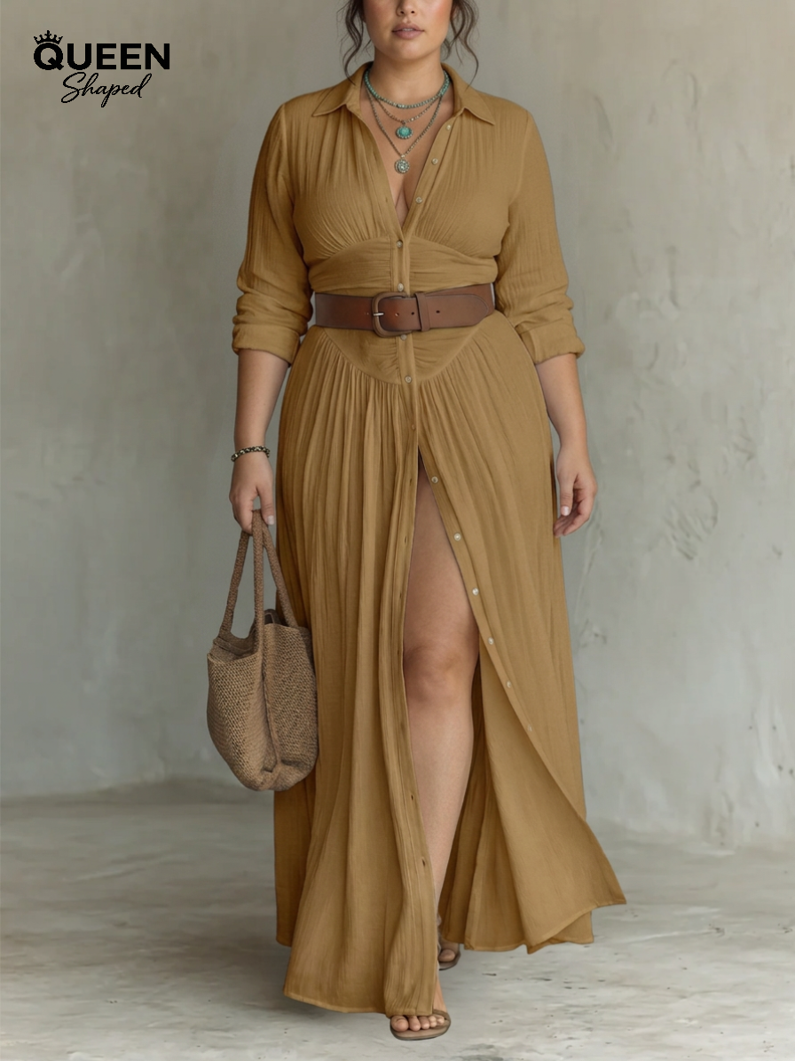 Long Maxi Dress with Notched Collar and Long Sleeves for Women