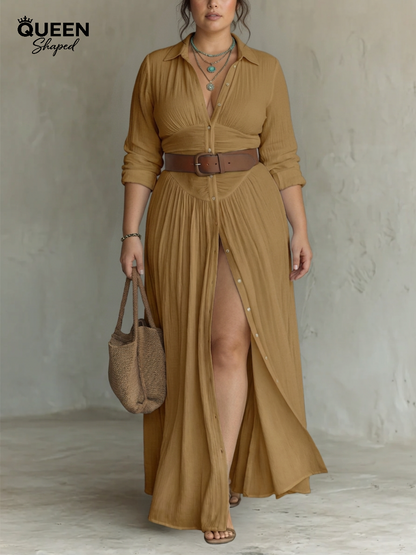 Long Maxi Dress with Notched Collar and Long Sleeves for Women