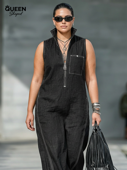 Women's Minimalist Sleeveless Jumpsuit with White Trim